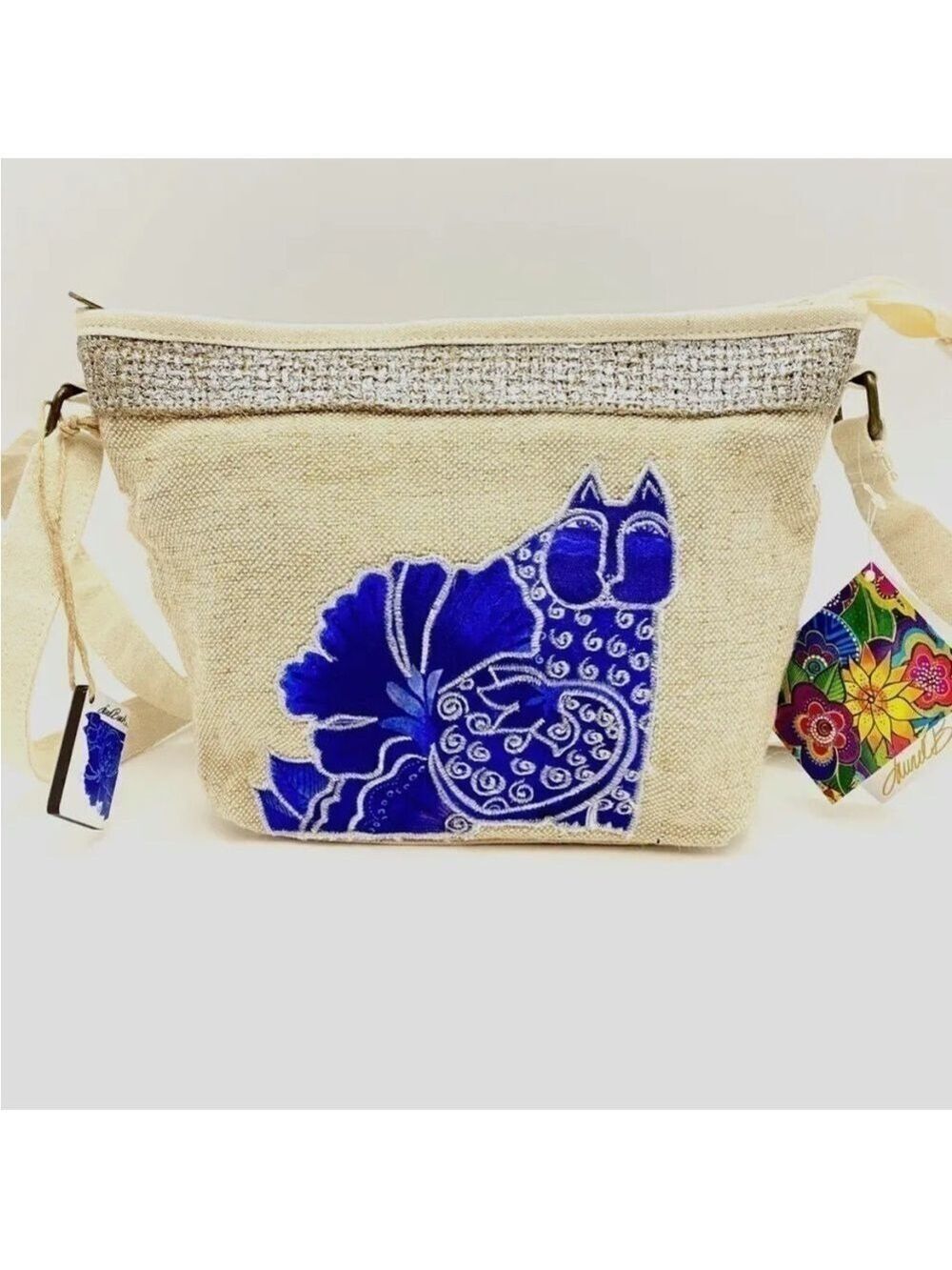 NWT Laurel Burch Blossoming Felines Blue Cat Jute Crossbody Purse Bag Handbag